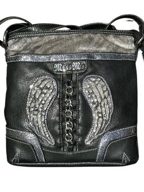 Miss Me Black Silver Wing Embellished Crossbody Bag